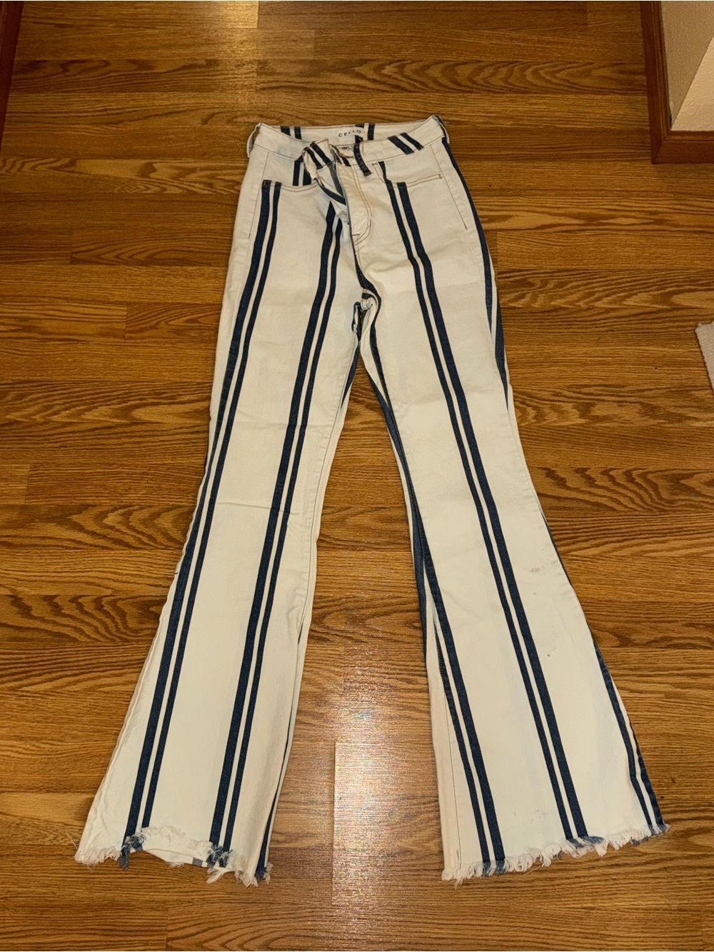 Cello Cream and Navy Vertical Stripe Flare Pants